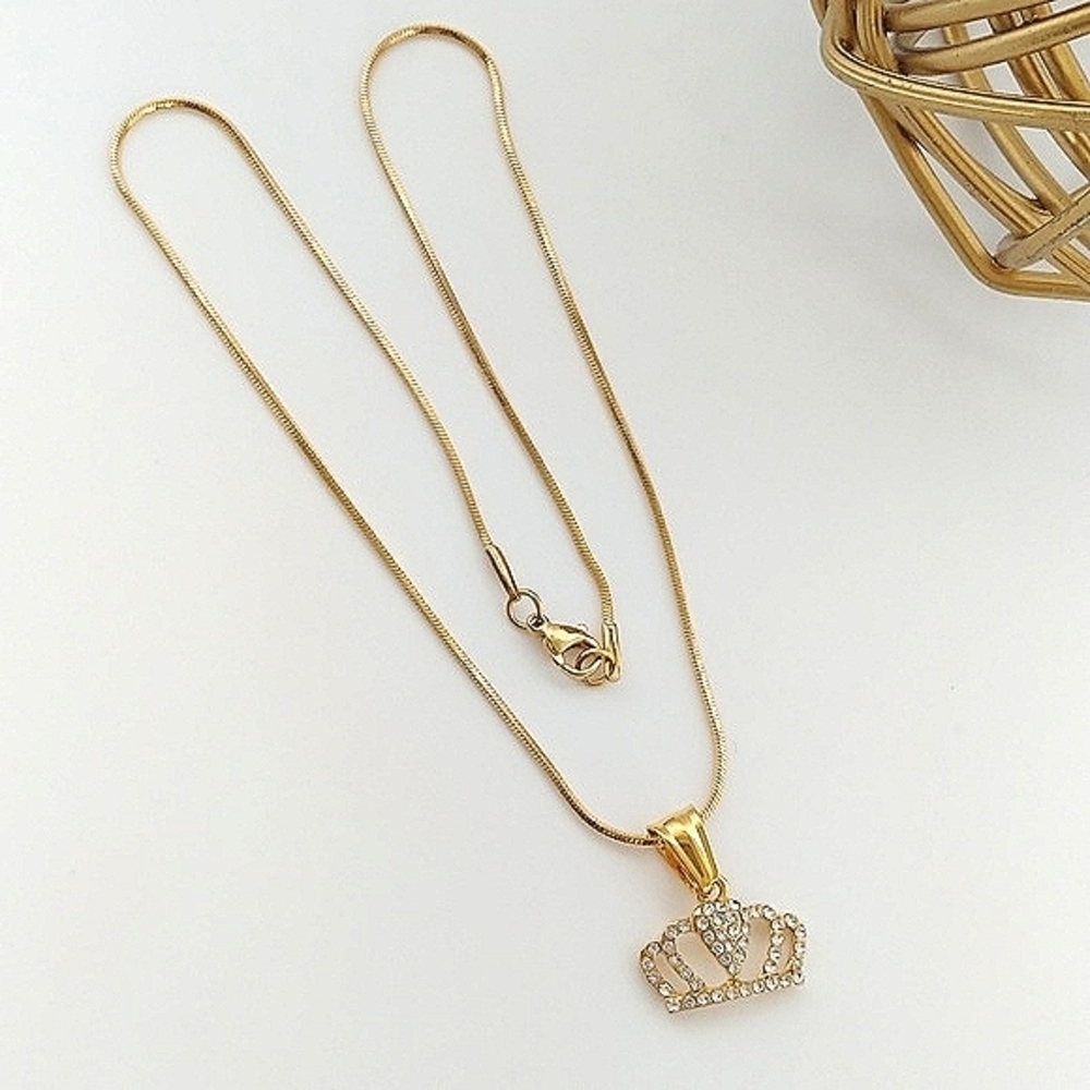Dainty Rhinestone Crown Pendant on Chain Necklace Gold Plated Steel New